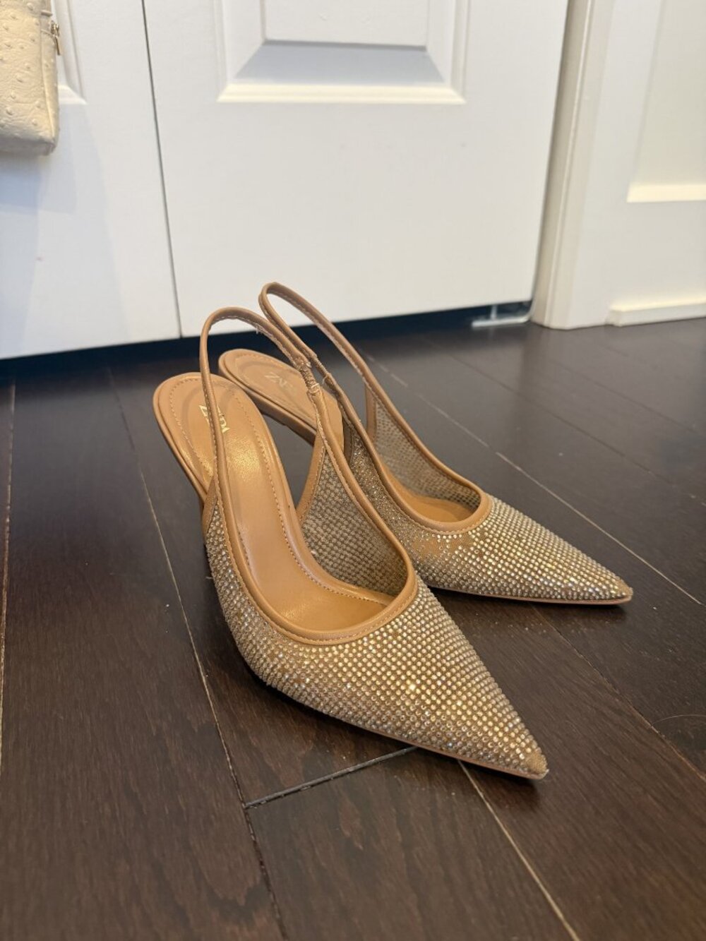 Zara Rhinestone Mesh Pointed Slingback Heels Size 6